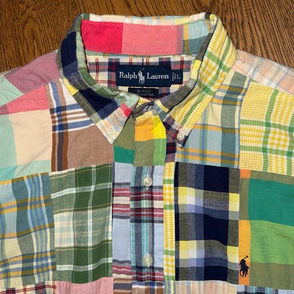 Polo Ralph Lauren Vintage Madras Patchwork Plaid Short Sleeve Shirt Men’s Large - Picture 2 of 9